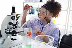 Primary school African curly hair girl does chemistry science experiment in laboratory, cute scientist kid holds chemical test photo