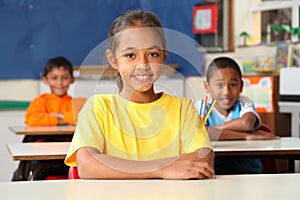 Primary school children sitting to desks in class