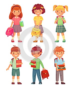 Primary school kids. Cartoon children pupils with backpack and books. Happy boy and girl pupil in schools uniform vector