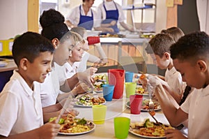 Primary school kids eating at a table in school cafeteria