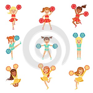 Primary School Little Girls In Cheerleaders Uniform Cheering And Cheerleading With Pompoms Set Of Happy Kids Cartoon
