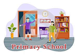 Primary School Vector Illustration of Students Children and School Building with The Concept of Learning and Knowledge