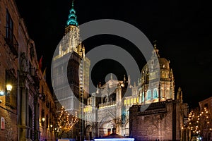 The Primate Cathedral of Saint Mary in Toledo, Spain at night