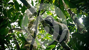 A primate lounges on a jungle tree branch among wildlife