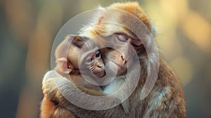 Primate mother joyfully holds baby monkey in lush jungle