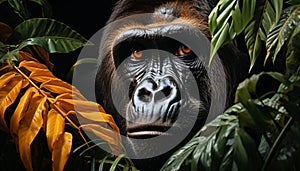 Primate portrait: Cute orangutan staring, green forest, Amazon strength generated by AI