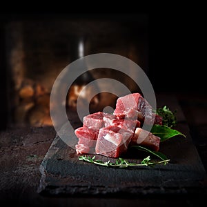 Prime diced beef prepared for cooking