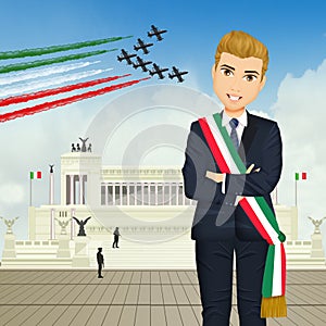 Prime Minister in front of the Quirinale and tricolor arrows in the background