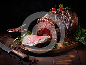 A prime rib roast is presented on a wooden board.