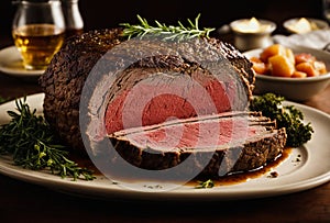 prime rib roast seasoned with herbs and garlic, cooked until tender, and served with au jus. Christmas food. Festive dish