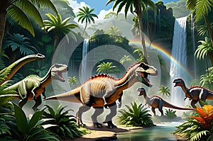 Primeval Rush: Dinosaurs Captured Mid-Stampede, Vibrant Tropical Foliage Surrounding Them, Ferns and Palms Bending in Their Wake