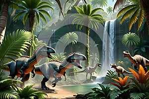 Primeval Rush: Dinosaurs Captured Mid-Stampede, Vibrant Tropical Foliage Surrounding Them, Ferns and Palms Bending in Their Wake