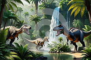 Primeval Rush: Dinosaurs Captured Mid-Stampede, Vibrant Tropical Foliage Surrounding Them, Ferns and Palms Bending in Their Wake