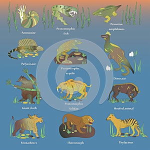 Primeval World. Primitive animals on prehistoric land.