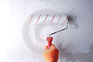 Priming the wall with roller, hand in glove close-up