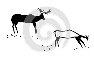 Primitive animals. Stylization. Two hoofed animals. A deer and a female deer. Vector. Isolated on white background