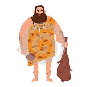 Primitive archaic man dressed in clothes made of animal skin and holding cudgel. Caveman from Stone Age. Male character