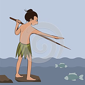 Primitive boy catching fish with pointed stick