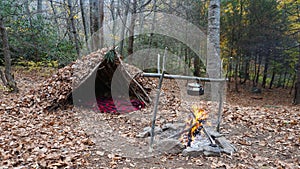 Primitive Bushcraft A frame Survival Shelter in the Blue Ridge Mountains near Asheville, North Carolina. Autumn camp setup i