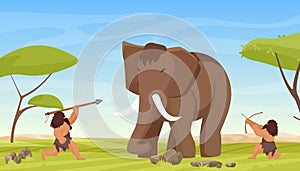 Primitive caveman people hunt ancient woolly mammoth, primeval savage hunters hunting