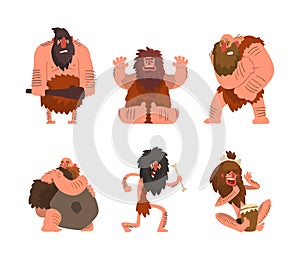 Primitive Caveman and Troglodyte with Beard and Hairy Body with Bone and Bludgeon Vector Set