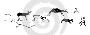 Primitive hunting. Stylization. Silhouette of a man in an animal mask shoots a bow in four ungulate animals. Isolated on white bac