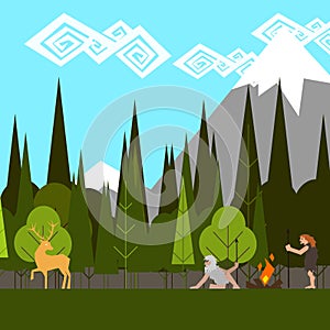 Primitive hunting in the woods flat style vector