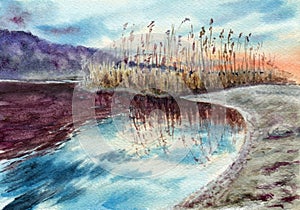 Primitive landscape with river,  reeds group on horizon, shore, sunset sky and reflection in water. Hand drawn watercolors on