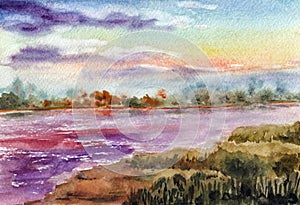 Primitive landscape with river,  trees group on horizon, shore and sunset sky. Hand drawn watercolors on paper textures. Raster