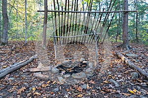 Primitive lean to Shelter with campfire  Survival Bushcraft setup in the Blue Ridge Mountains near Asheville. During