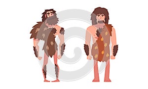 Primitive Man Character from Stone Age Wearing Animal Skin Vector Set