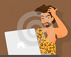 Primitive man has a problem with laptop
