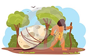 Primitive man with prehistoric dinosaur egg, stone age hungry hunter caveman hunting