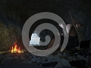 Primitive man siting in the cave with smartphone concept illustration photo