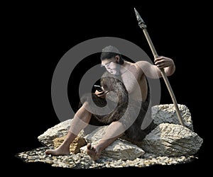 Primitive man with smartphone on isolate black concept 3d illustration