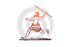 Primitive, man, spear, caveman, hunter concept. Hand drawn isolated vector.