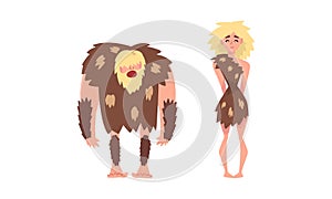 Primitive Man and Woman Character from Stone Age Wearing Animal Skin Vector Set