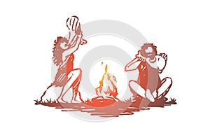 Primitive, people, bonfire, caveman, ancient concept. Hand drawn isolated vector.