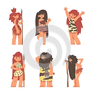 Primitive People Character from Stone Age Wearing Animal Skin Vector Set