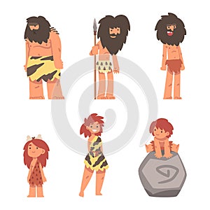 Primitive People Character from Stone Age Wearing Animal Skin Vector Set