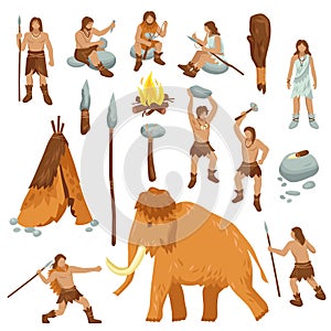 Primitive People Flat Cartoon Icons Set