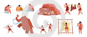 Primitive people life, prehistoric characters hunting mammoth. Caveman making tools and cave art, stone age hunters with