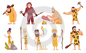 Primitive people in stone age cartoon icons set with cavemen pelt with weapon and ancient animals isolated vector