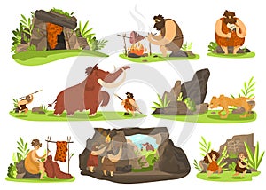 Primitive people in Stone Age, caveman life, vector illustration