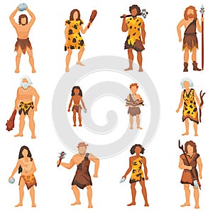 Primitive people vector primeval neanderthal cartoon character and ancient caveman in stone age cave illustration