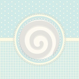 Primitive retro frame with lace and ribbon on polka dots and gingham background