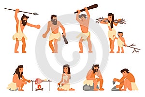 Primitive stone age people vector flat icon set