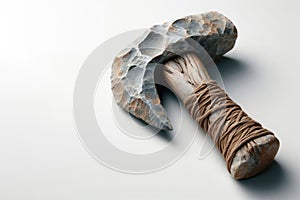 Primitive stone tool on a light background. Space for text.