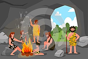 Primitive tribe cave people. Stone age. Primal painting. Ancient tribesmen. Rock drawing. Man and woman around bonfire