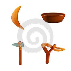 Primitive weapon icons set cartoon vector. Stone age tool and weapon